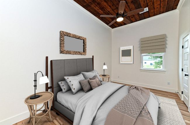 Second Bedroom featuring wood ceiling, crown molding, light wood finished floors, and ceiling fan | Image 18
