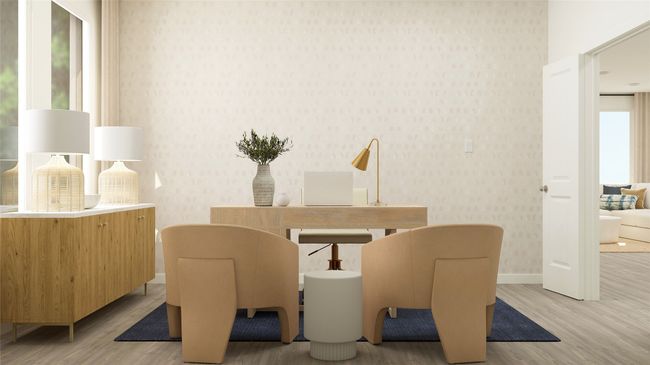 Dining area with wallpapered walls and wood finished floors | Image 7