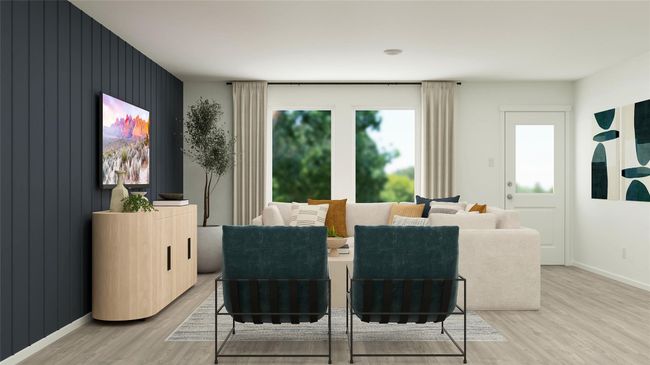 Dining area with light wood finished floors, baseboards, and an accent wall | Image 30