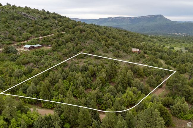 Aerial overview of property's location with a heavily wooded area, property parcel outlined, and a mountainous background | Image 10