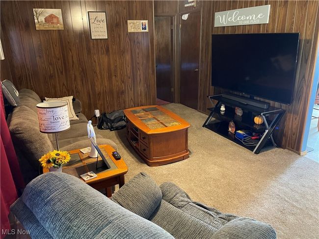 Carpeted living room featuring wood walls | Image 10