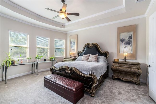 Bedroom with a tray ceiling, ornamental molding, carpet, and ceiling fan | Image 17