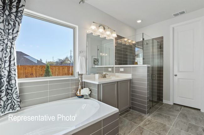 Full bathroom featuring a bath, visible vents, tile patterned flooring, a shower stall, and vanity | Image 10