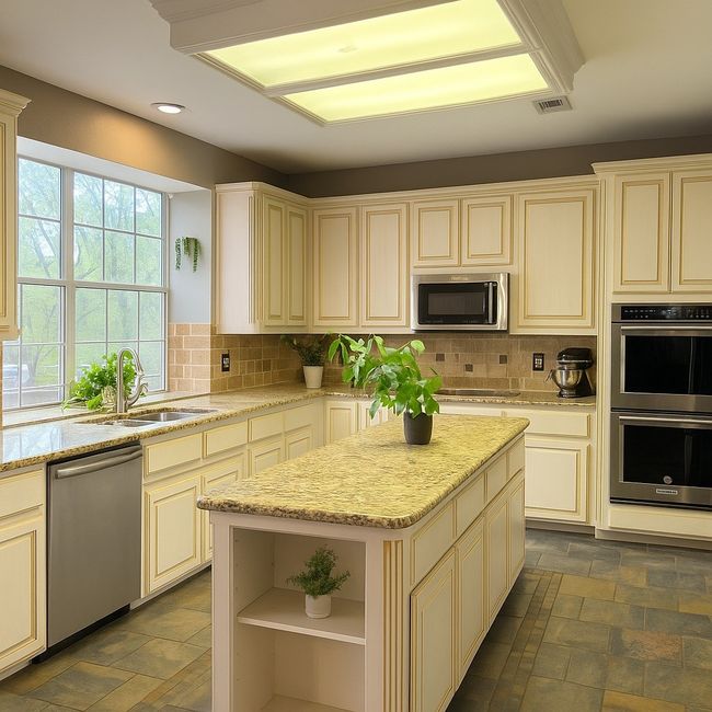 Kitchen featuring appliances with stainless steel finishes, a sink, open shelves, tasteful backsplash, and cream cabinets | Image 9