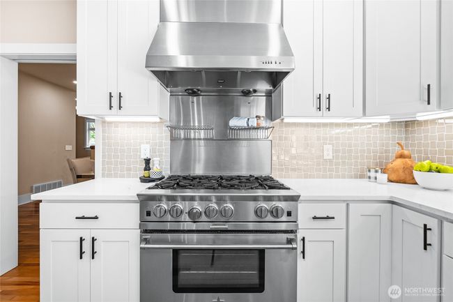 Custom Tile Backsplash, 6 Burner Range, White Kitchen | Image 15