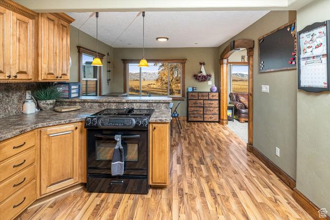 Kitchen featuring pendant lighting, black electric range oven, light hardwood / wood-style floors, and a healthy amount of sunlight | Image 15