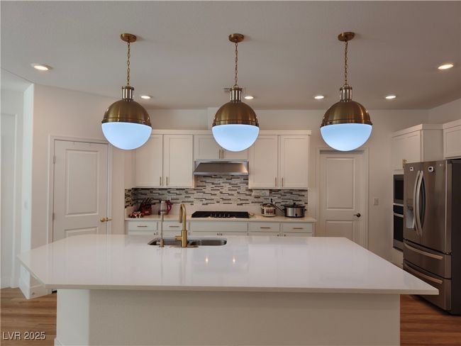 Kitchen featuring recessed lighting, stainless steel appliances, light wood-style floors, under cabinet range hood, and a sink | Image 14