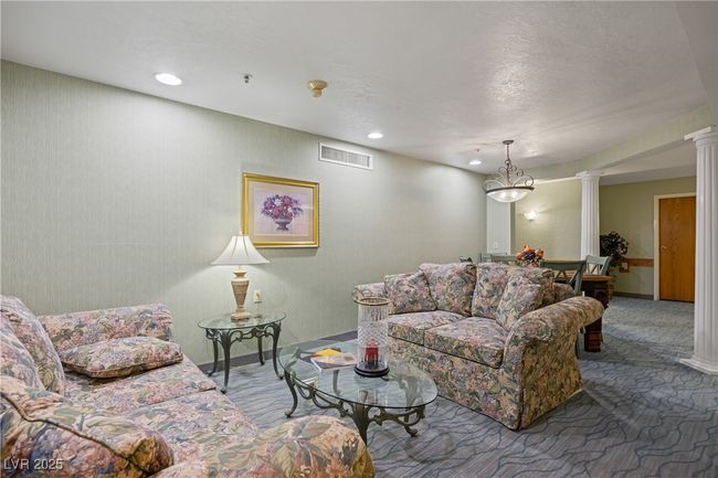 Common Living area with recessed lighting, ornate columns, visible vents, baseboards, and carpet floors | Image 36