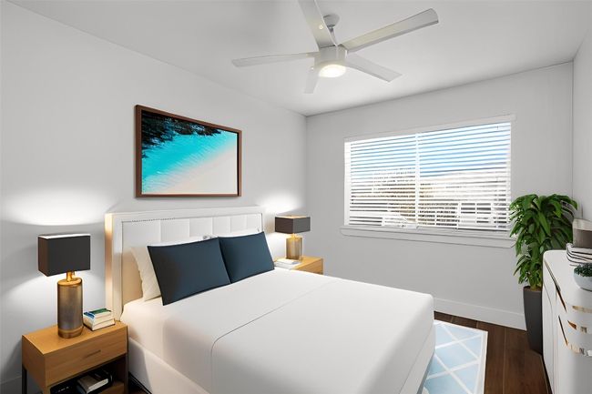 VIRTUALLY STAGED Bedroom featuring wood finished floors and a ceiling fan | Image 12