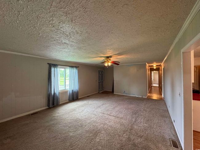 Spare room with ceiling fan, crown molding, carpet floors, and a textured ceiling | Image 8