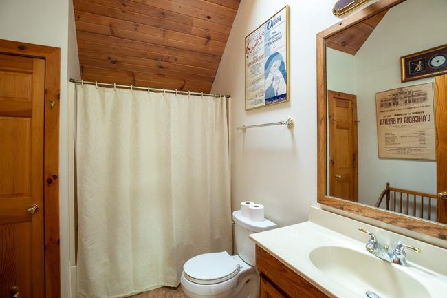 Bathroom featuring lofted ceiling, vanity, wood ceiling, toilet, and a shower with curtain | Image 19