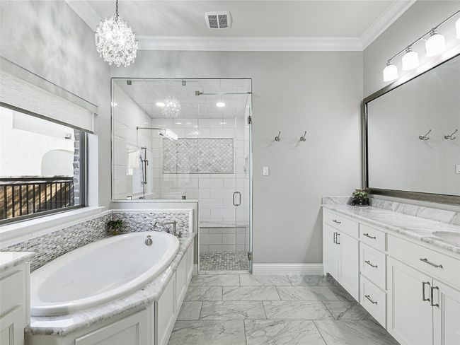 Separate frameless steam shower, Soaker tub with decorative chandelier | Image 27