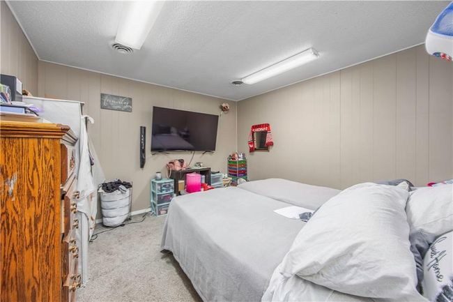Bedroom featuring visible vents, light colored carpet, and a textured ceiling | Image 8