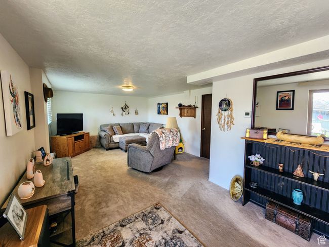 Living room featuring carpet and a textured ceiling | Image 31