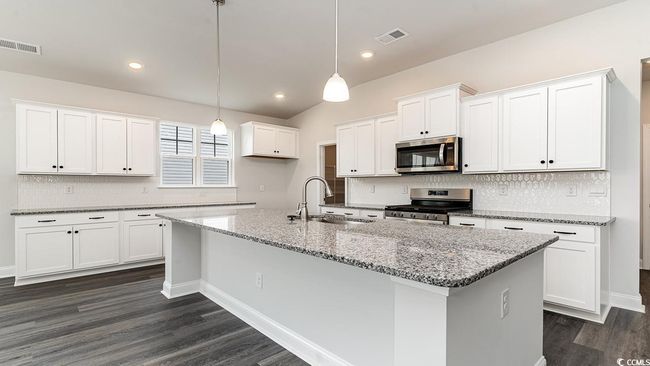 Kitchen with white cabinetry, dark wood-type flooring, an island with sink, stainless steel appliances, and sink | Image 12