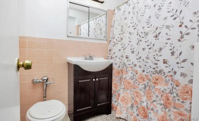 Bathroom featuring tile walls, vanity, a shower with shower curtain, and wainscoting | Image 12