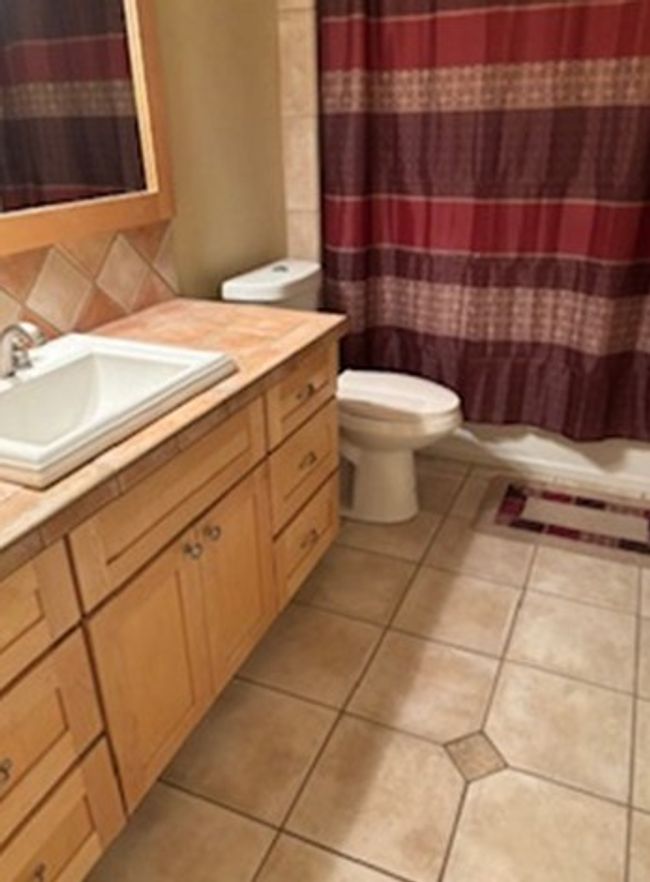 Full bathroom with vanity, tile patterned floors, a shower with shower curtain, and tasteful backsplash | Image 6