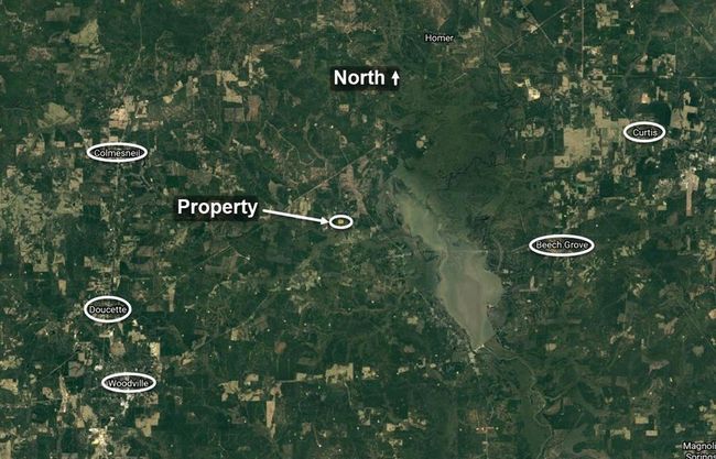 The photo is an aerial map highlighting a property located in a rural area surrounded by greenery. Nearby towns include Colmesneil, Doucette, Woodville, Curtis, and Beech Grove. The property is positioned near a large body of water, offering a serene and natural setting. | Image 14