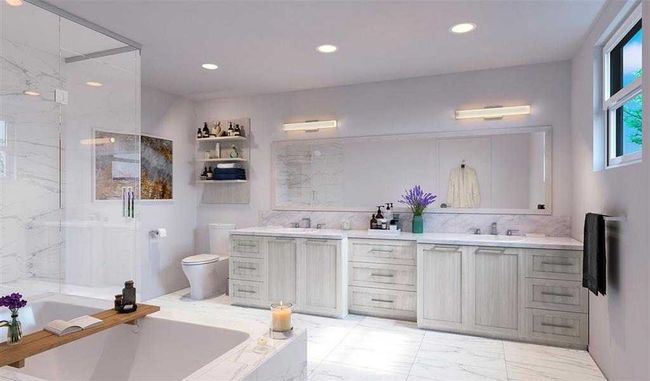 Bathroom with marble finish floor, vanity, a shower stall, and a bath | Image 4