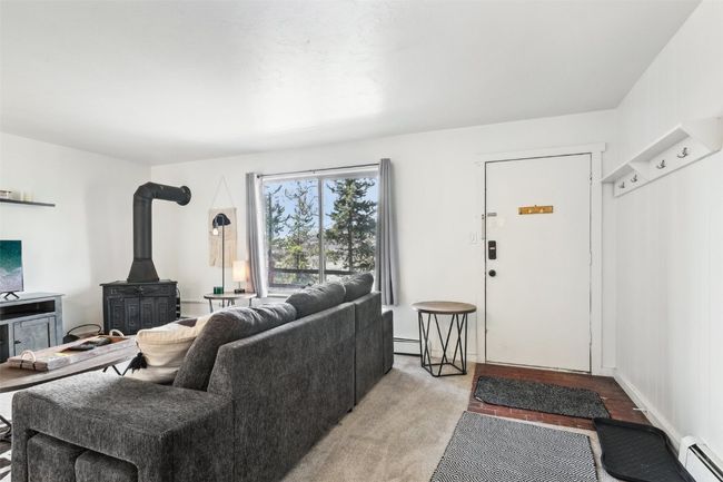 Living area featuring a baseboard heating unit, light carpet, and a wood stove | Image 5