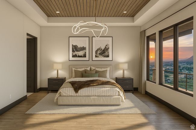 Bedroom with a raised ceiling, a chandelier, wood finished floors, and wood ceiling | Image 15