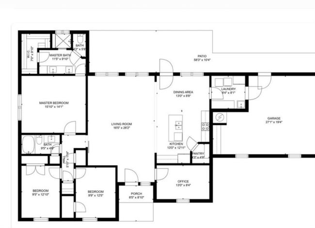 This floor plan features a spacious living room, three bedrooms including a master suite with a private bath, and an additional bath. The kitchen includes a pantry and is adjacent to a dining area. There's an office space, laundry room, and a two-car garage. The layout includes a front porch and a patio for outdoor living. | Image 4