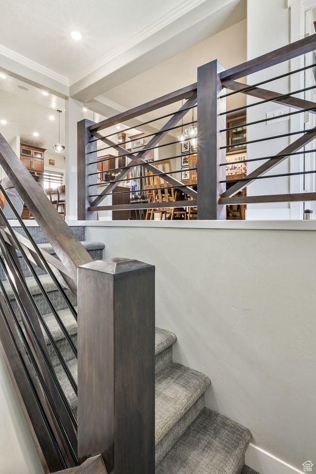 Stairway featuring ornamental molding and recessed lighting | Image 59