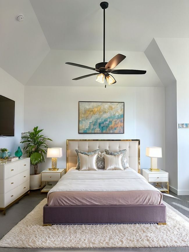 Bedroom with lofted ceiling, dark colored carpet, and ceiling fan | Image 19