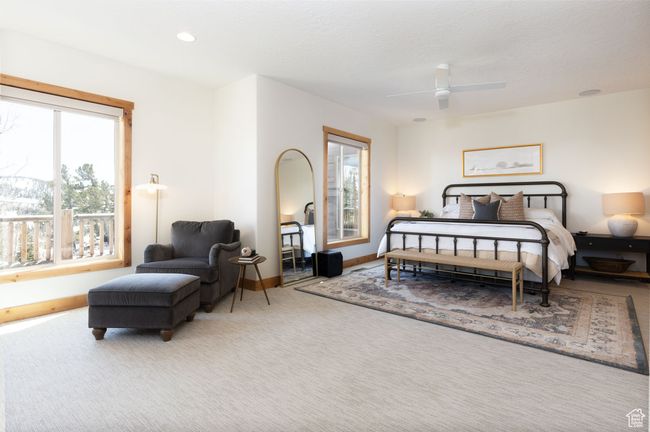Bedroom featuring baseboards, carpet floors, ceiling fan, and recessed lighting | Image 11