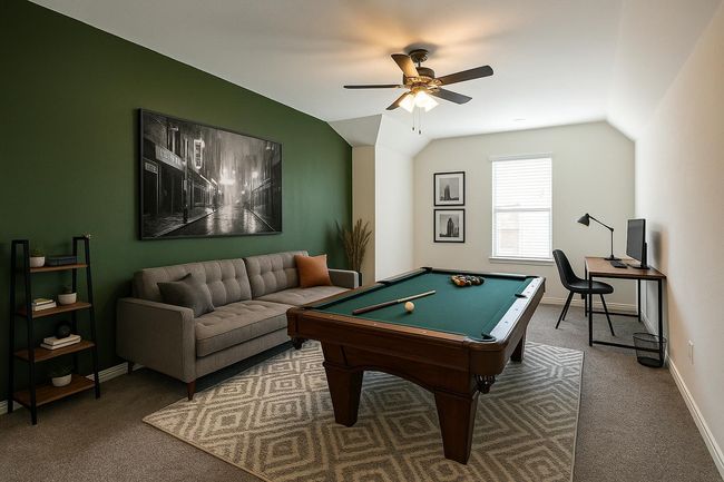 Rec room featuring billiards table, carpet flooring, vaulted ceiling, and a ceiling fan | Image 20