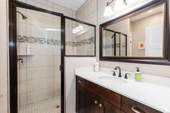 Bathroom with a shower stall and vanity | Image 17