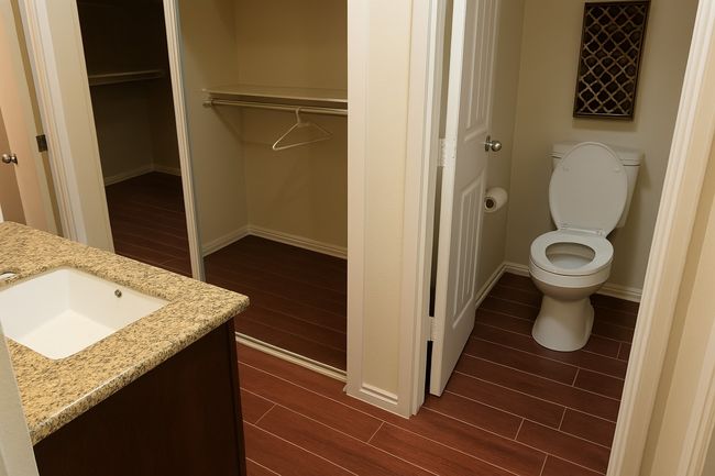 Bathroom with vanity, wood finished floors, and a spacious closet | Image 11