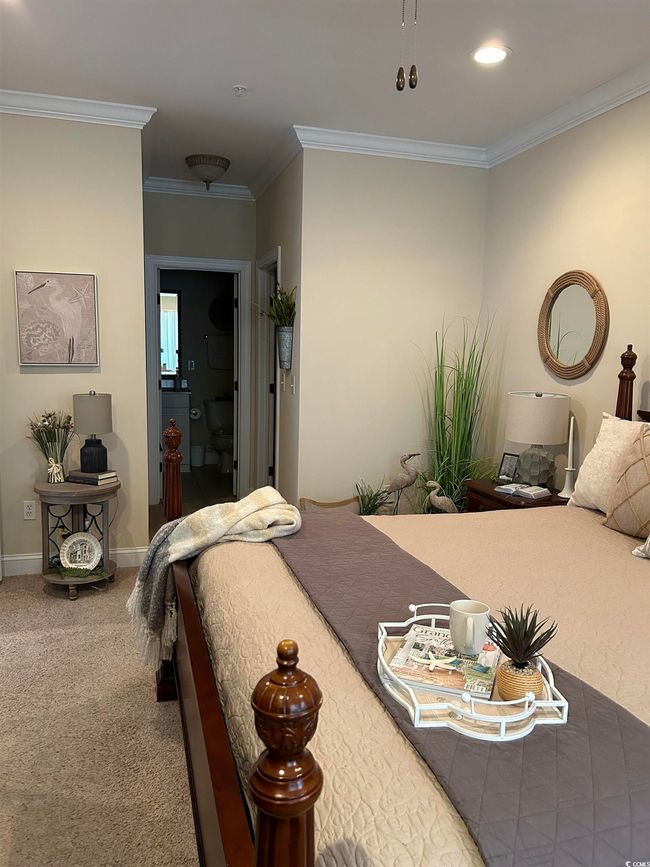 Bedroom featuring carpet, crown molding, baseboards, and recessed lighting | Image 10