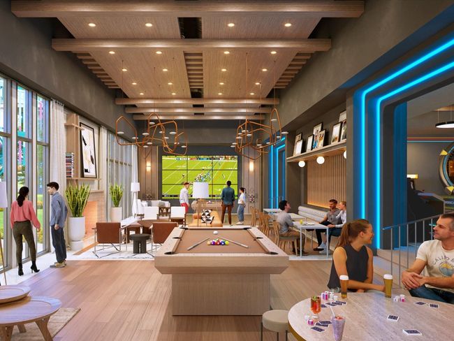 Rec room featuring a notable chandelier, beam ceiling, wood finished floors, billiards, and recessed lighting | Image 35