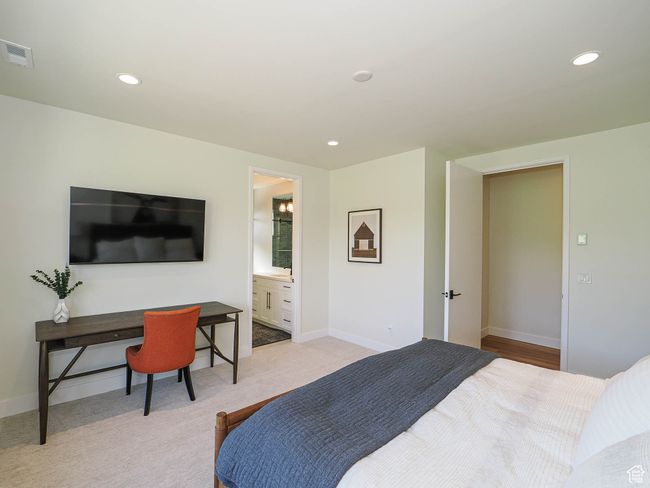 Bedroom with recessed lighting and light colored carpet | Image 76