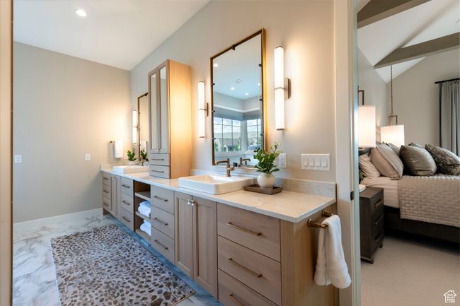Full bathroom featuring vanity, recessed lighting, vaulted ceiling, and marble finish floors | Image 29
