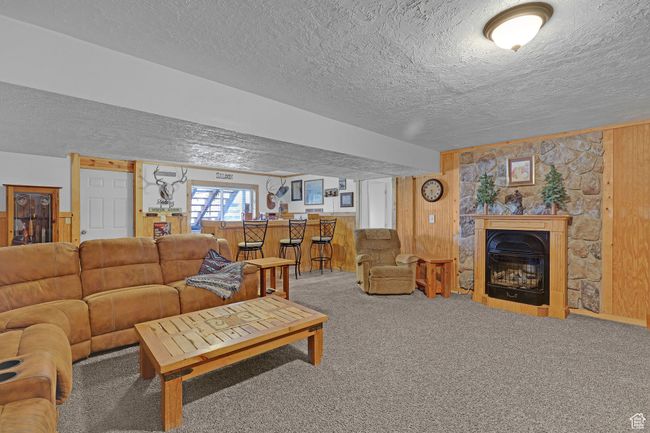 Living room with a textured ceiling, wood walls, carpet flooring, and a glass covered fireplace | Image 24