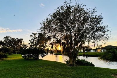 Experience the enchanting beauty of this backyard at twilight, where serene water views and lush greenery create a captivating, peaceful ambiance. Draped with romantic Spanish moss, mature trees frame the view of the shimmering pond, reflecting the soft hues of the setting sun. This tranquil outdoor space offers a picturesque setting for evening relaxation, with subtle natural lighting creating a calming atmosphere perfect for unwinding. The expansive lawn gently slopes toward the water, providing an ideal backdrop for outdoor gatherings or quiet moments of reflection.Embrace the beauty of Florida’s natural landscape with this enchanting backyard retreat, offering a private, serene escape with stunning evening views. | Image 3