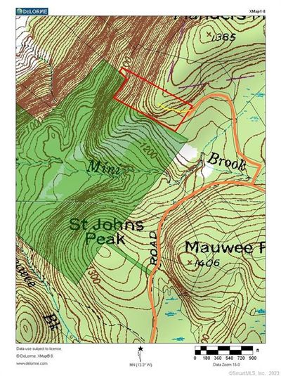 12.6 acres shown in red abutt 130 acres of open space in green. End of yellow trail gives views to Catskills and great SW exposure and solar potential | Image 1