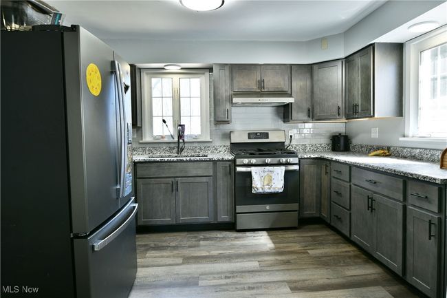 Kitchen featuring stainless steel appliances, tasteful backsplash, dark wood finished floors, under cabinet range hood, and a sink | Image 15