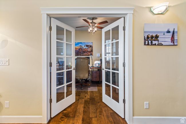 Interior space with ceiling fan, dark hardwood / wood-style flooring, and french doors | Image 20