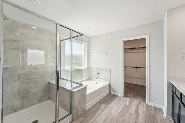 Full bath featuring a bath, a shower stall, wood finished floors, vanity, and a spacious closet | Image 12