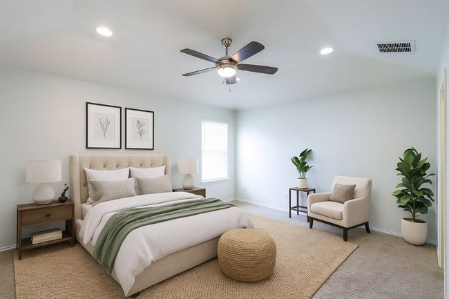 Virtually Staged Bedroom with carpet, recessed lighting, and ceiling fan | Image 36