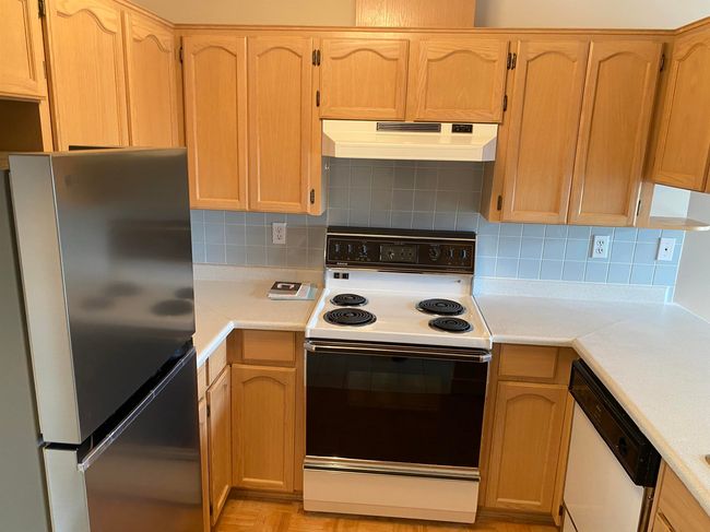 Kitchen with freestanding refrigerator, electric stove, white dishwasher, ventilation hood, and light countertops | Image 4