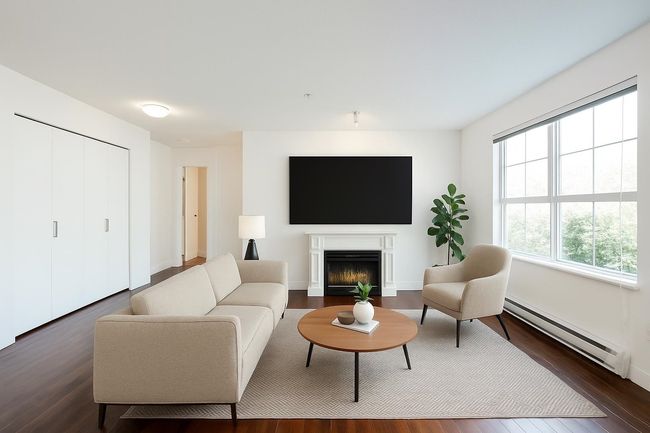 Living area with baseboard heating, baseboards, wood finished floors, and a fireplace | Image 7