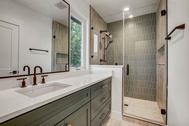 Full bathroom with vanity, a stall shower, recessed lighting, and tile patterned flooring | Image 17