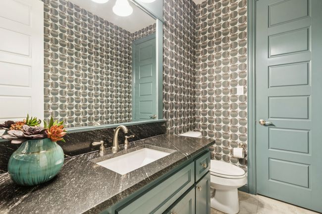 Designer half bath features Lindsay Cowles Oak Moss wall covering | Image 30
