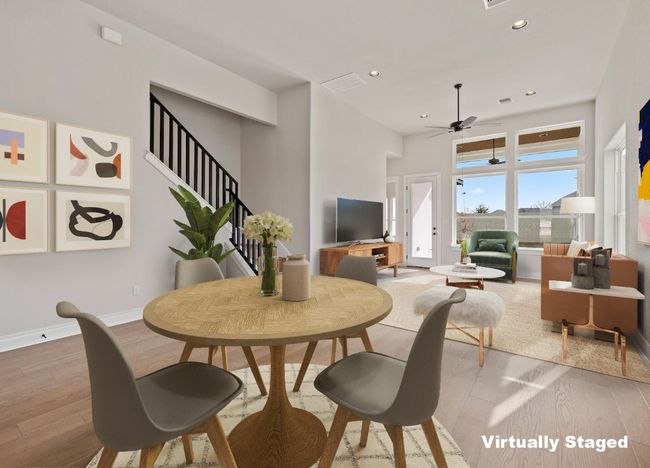 Dining room featuring stairway, visible vents, recessed lighting, wood finished floors, and a ceiling fan | Image 4