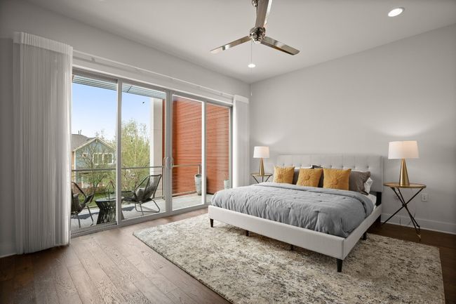 Bedroom with access to exterior, recessed lighting, hardwood / wood-style floors, baseboards, and ceiling fan | Image 14