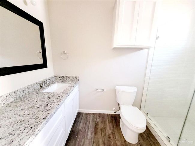 Bathroom with a shower stall, toilet, wood finished floors, and vanity | Image 6